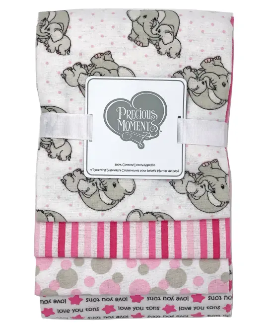 Precious Moments Baby Girls Precious Moments 4 Piece Cotton Flannel Receiving Blankets, Pink