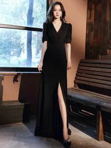 Black High-slit Bodycon Prom Gown , Minimalist Women's Maxi Evening Dress RS2320