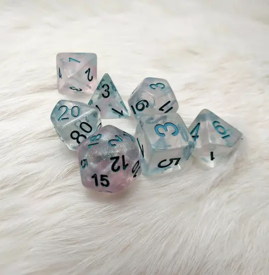 Winter Walker Dice Set – 7-Piece Micro Glitter Pink Shimmer Blue Font Resin DnD