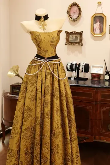 Golden strapless waist-cinching sexy long elegant prom dress R7942