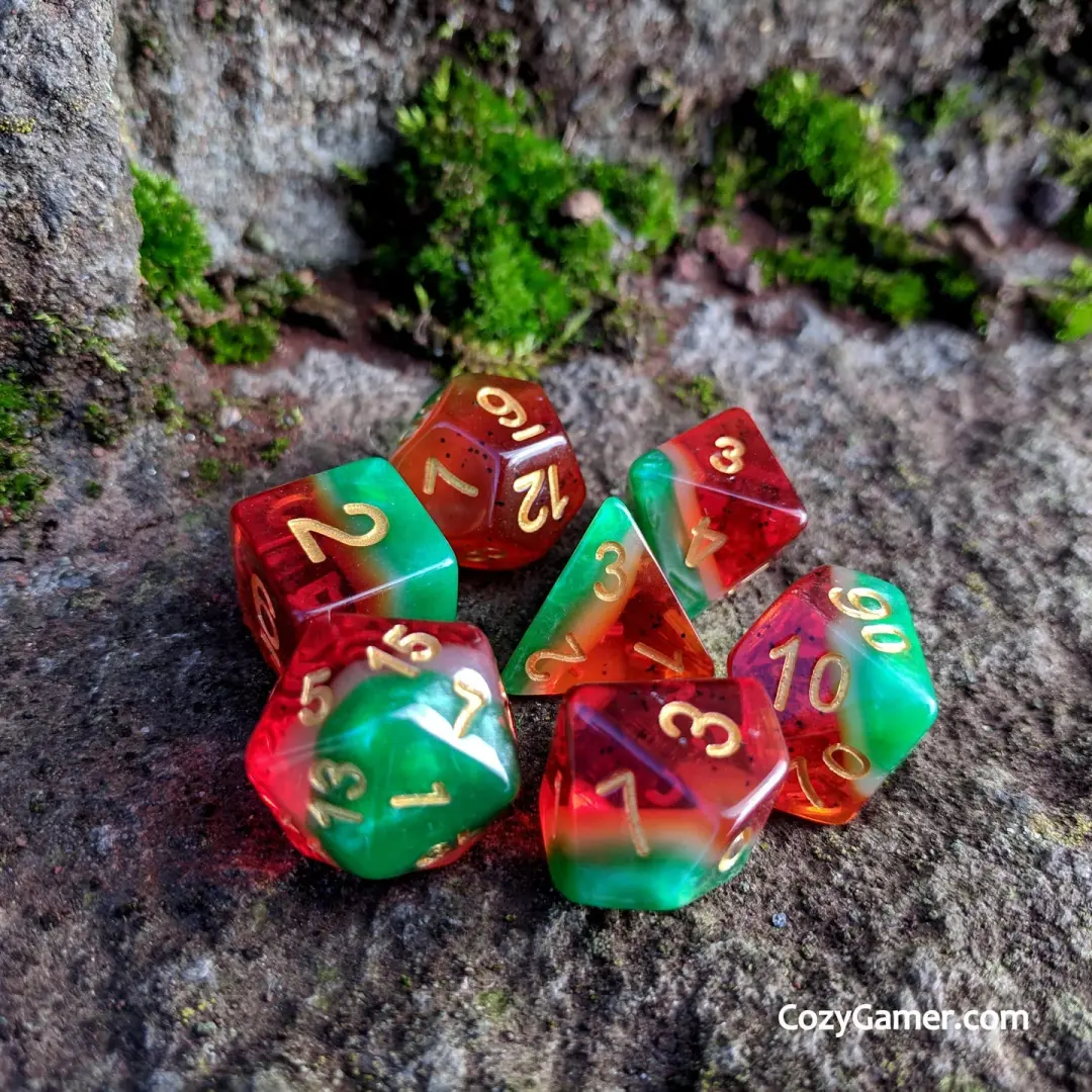 Watermelon DnD Dice Set, 7 Red and Green Layered Dice