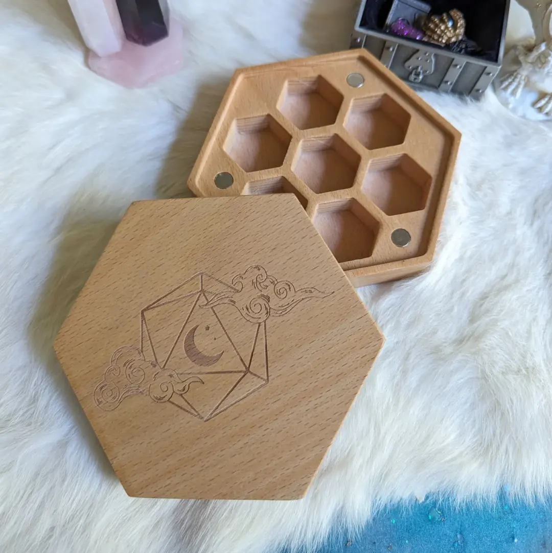 Dreamy Hexagonal Wood Dice Box – Beech Wood 4.2" x 4" Magnetic Storage