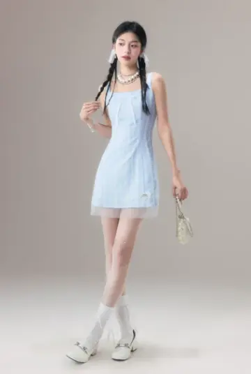 Casual Cute Blue Checkered Mini Dress With Bow Accent And Sheer Tulle Hem For Summer R9301