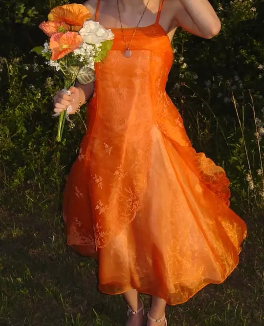 Vibrant Orange A-Line Spaghetti Straps Embroidery Corset Maxi Prom Dress Party Dress RS620