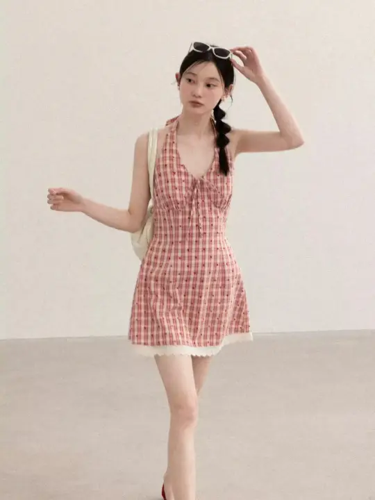 Retro Pink Gingham Halter Mini Dress with Heart Detail R9173