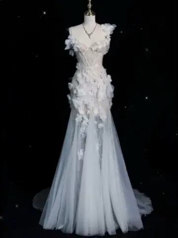 Elegant Pale Blue Mermaid Spaghetti Straps Embroidery Bodycon Maxi Quinceanera Dress Evening Dress RS336