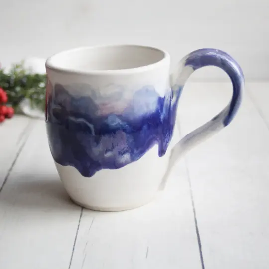 Handmade Pottery Mug in White and Purple Dripping Glaze, 14 oz., Made in USA