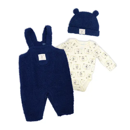 Baby Mode Baby Boys 3 Piece Faux Sherpa Bears Overall, Bodysuit, and Cap Set, 3M
