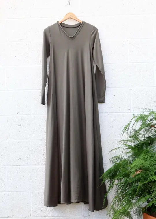 SALE - V-Neck Wanderer Long Dress / 2XS / Olive / Stretch Organic Cotton (23)