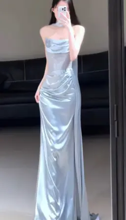 Silky Pale Blue Prom Dress ,Mermaid Strapless Bodycon Maxi Evening Dress RS1006
