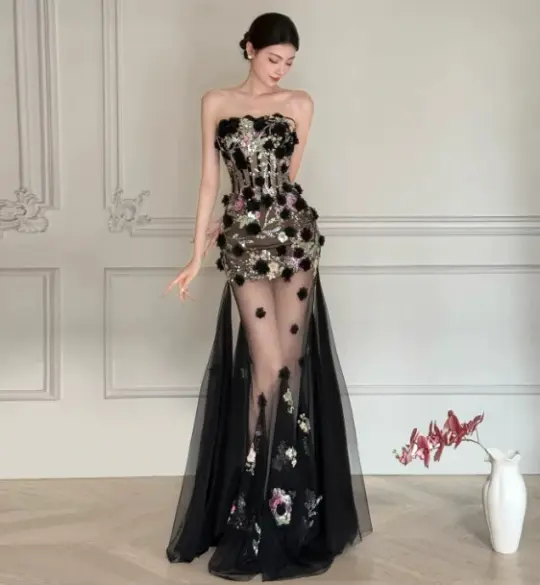 Elegant Black Prom Dress ,Mermaid Strapless Applique Bodycon Maxi Evening Dress RS922