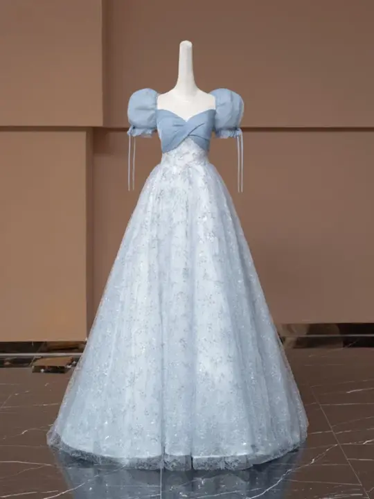 Light gray-blue puff sleeve, fitted waist, A-line skirt, long ball gown R8498