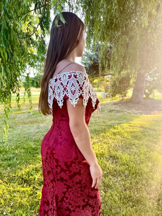 Vintage Scott McClintock Burgundy Brocade Dress with Dramatic Lace Capelet