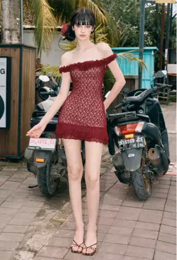 Burgundy Lace Off-Shoulder Mini Dress With Ruffle Trim And Bodycon Fit R9287