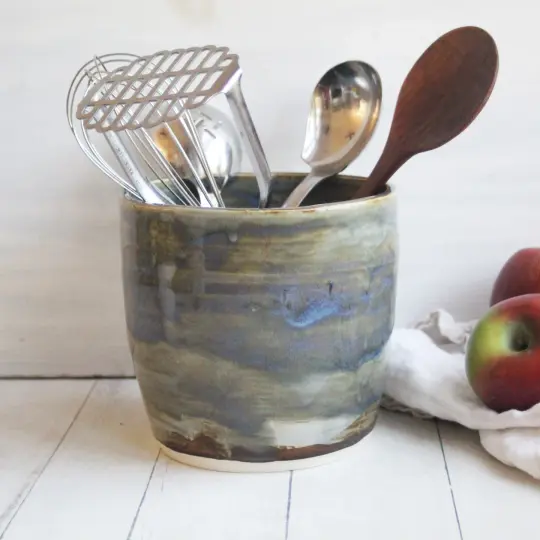 Large Rustic Utensil Holder in Blue Gray Glaze, Handmade Stoneware Ceramic Crock, Made in USA