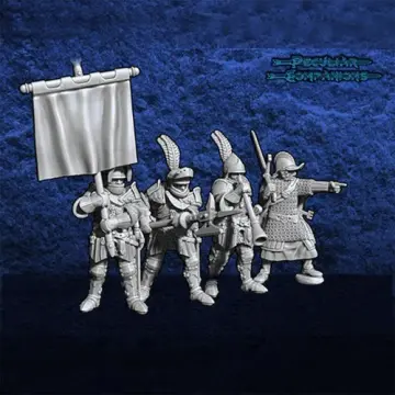 Unpainted 28mm 3D-printed English command group with banner, trumpeter and Scottish Highlander, 4 miniatures — tabletop miniatures for historical wargaming, D&D & Pathfinder