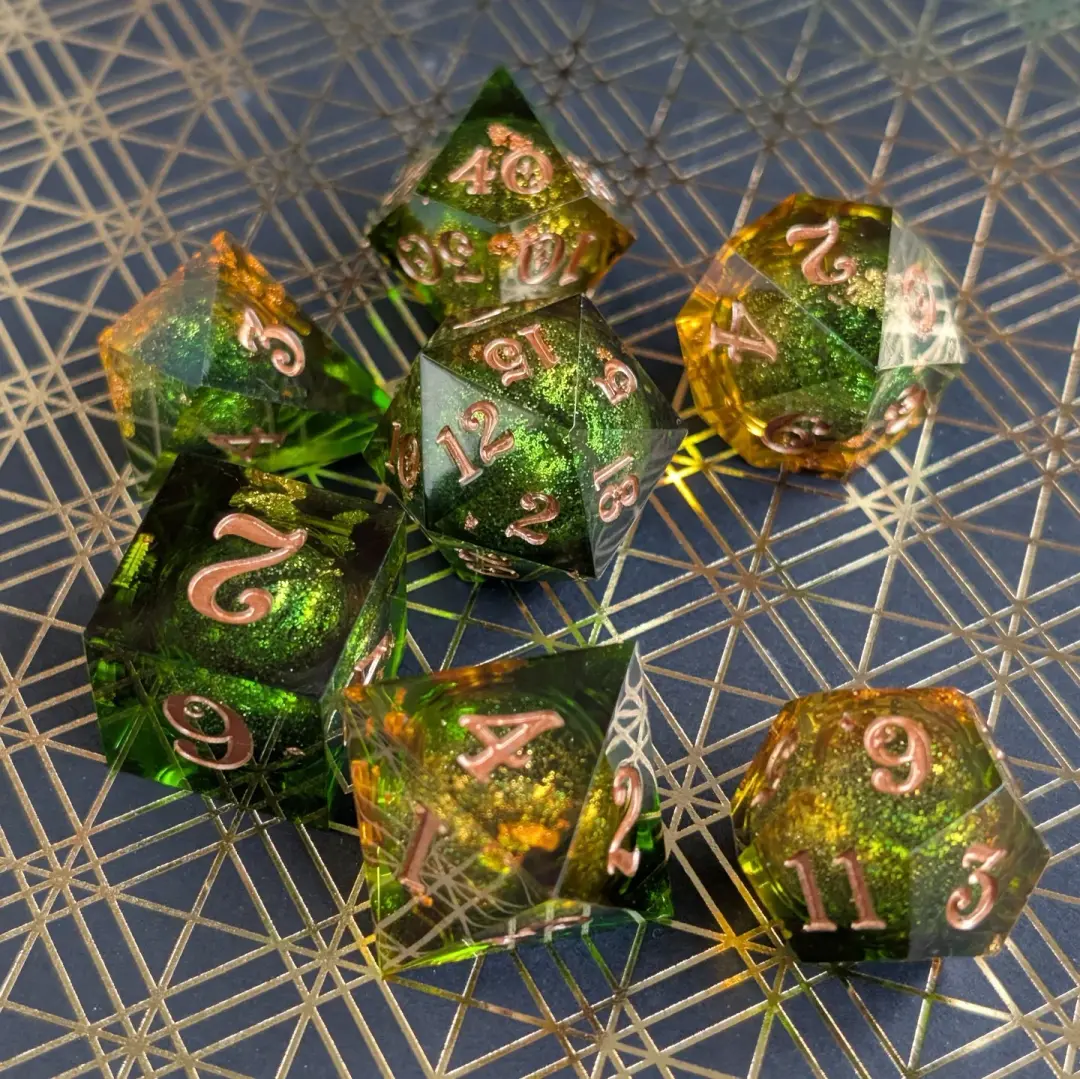 Forest Liquid Core Dice Set – 7pc Sharp Edge with Crystal D4
