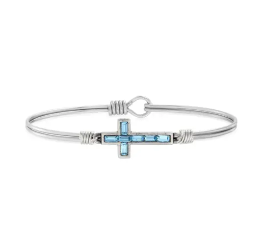 BAGUETTE CROSS BANGLE BRACELET IN AQUAMARINE