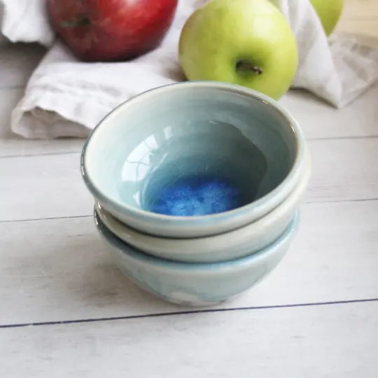 Set of Three Small Ceramic Prep Bowls in Sea Glass Blue Glaze Handcrafted in USA