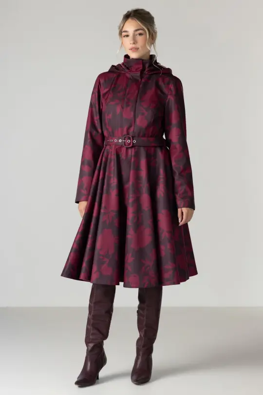 Winter Coat with Full Circle Skirt in Burgundy Floral | Winter Peony Velvet