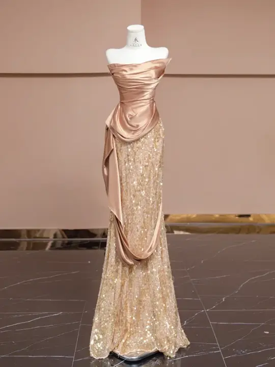 Rose gold strapless, fitted, bodycon, sexy long ball gown/bridal dress R8328