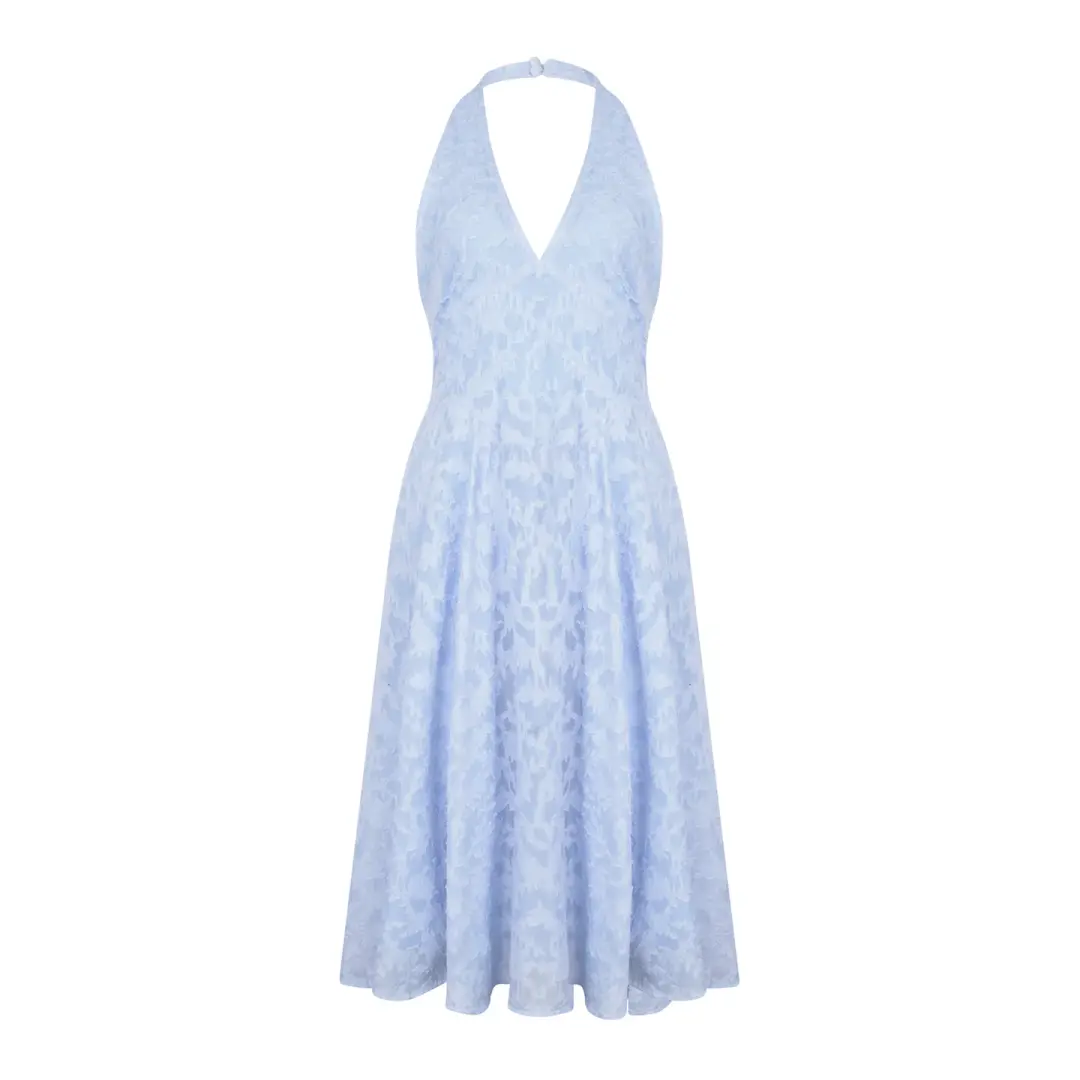 French style fairy blue jacquard halter neck backless suspender dress with slim waist and V-neck dress R3101
