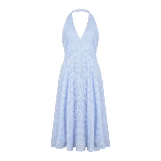 French style fairy blue jacquard halter neck backless suspender dress with slim waist and V-neck dress R3101