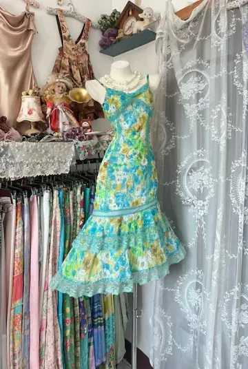 Light green suspender floral waist slim fit cute sexy skirt prom dress R6156