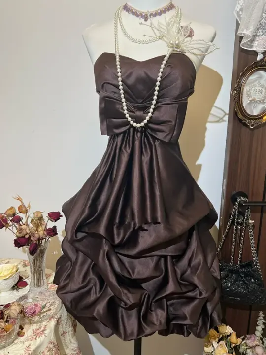 Dark brown tube top slim waist flower bud skirt short skirt homecoming dress R4239