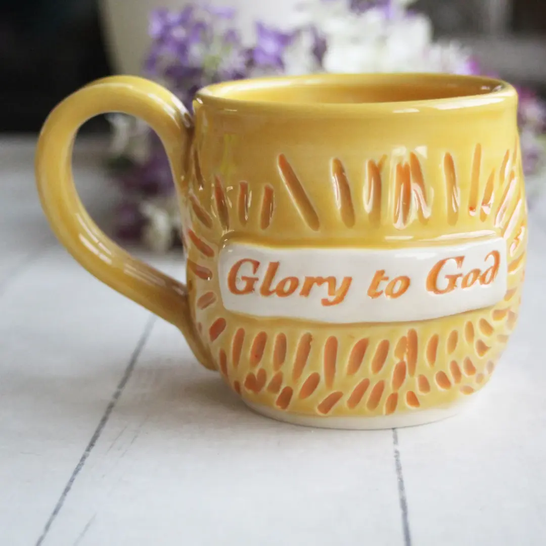 "Glory to God" Hand Carved Mug in Yellow and Orange Glazes, Handmade Coffee Cup, Made in USA