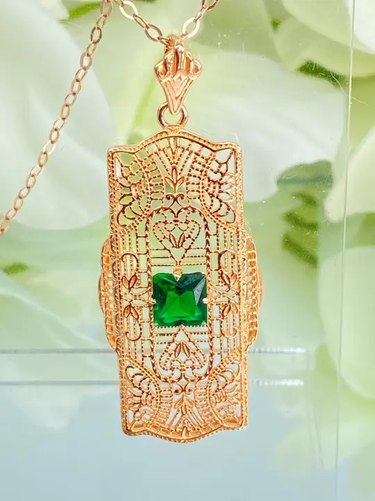 Emerald Pendant, Rose Gold plated Sterling Silver Art Deco Necklace #P26 - Ready to Ship