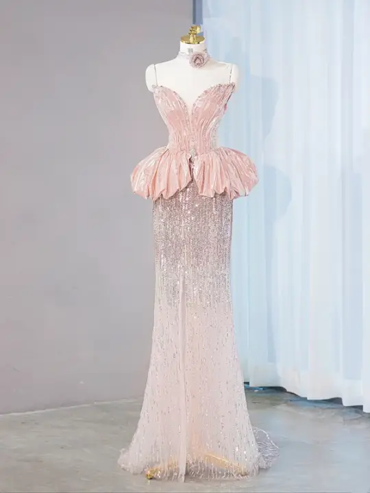 Light pink strapless fitted waist bodycon long ball gown, bridal dress R9022