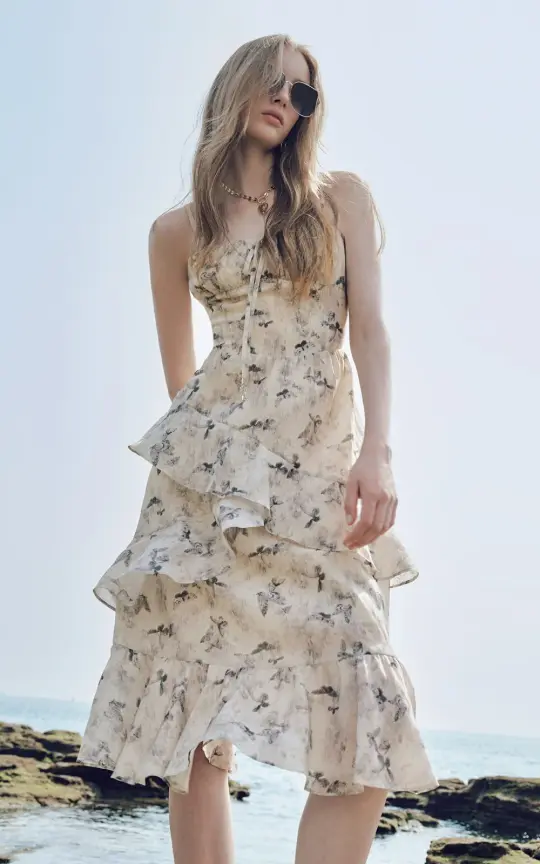Summer new wave holiday style floral fairy ruffle waist suspender long dress for women R3946
