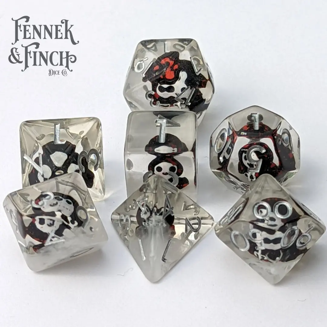 Hooded Phantom Dice Set – 7-Piece Ghost White Resin DnD Dice