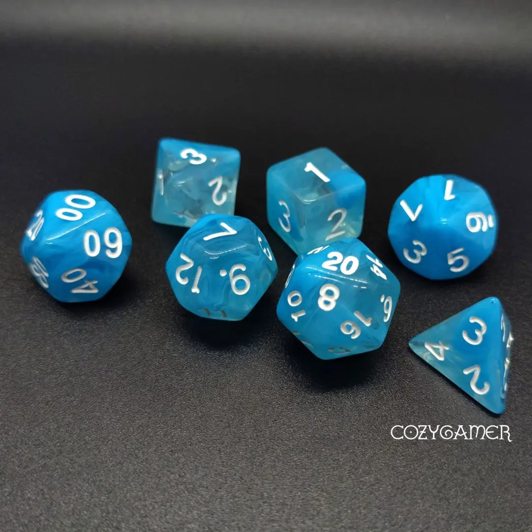 Sky Blue Swirl Dice Set. Glitter TTRPG Dice