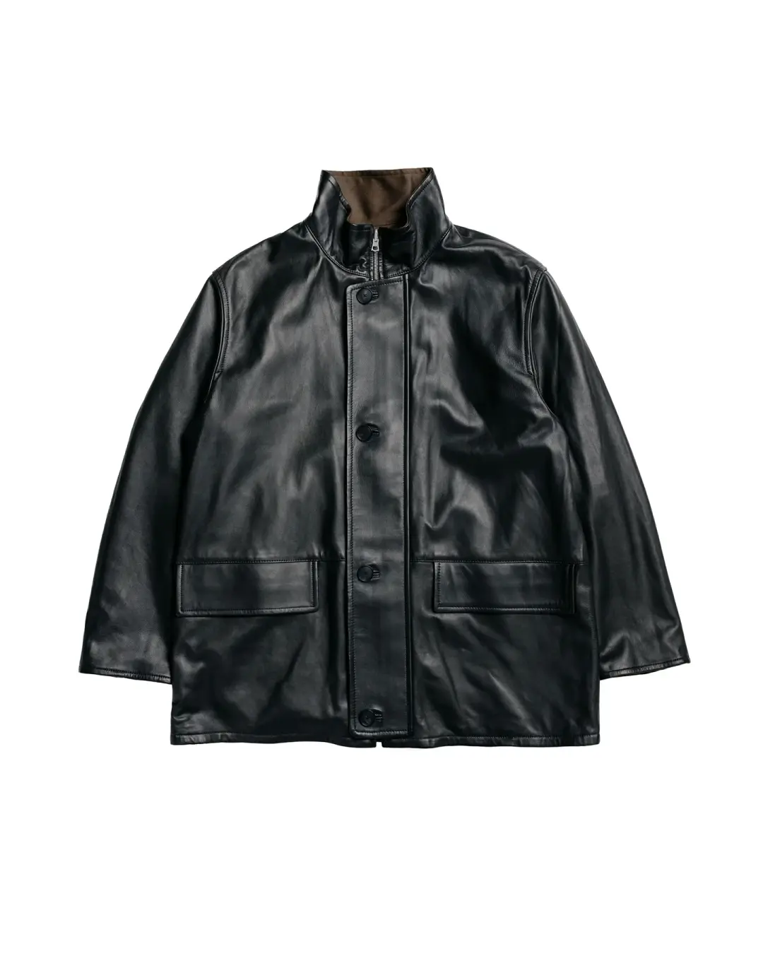 Auralee Reversible Wool Twisted Twill / Sheep Leather Half Coat Brown Chambray/Black
