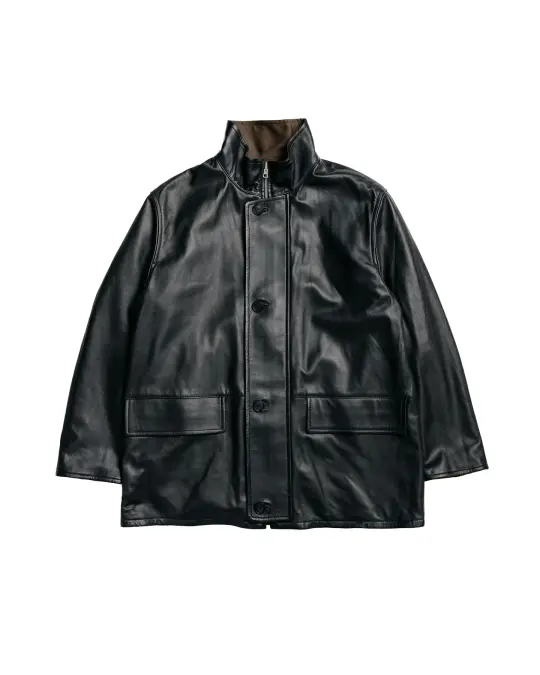 Auralee Reversible Wool Twisted Twill / Sheep Leather Half Coat Brown Chambray/Black