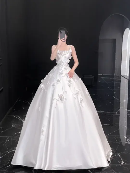 White suspender satin three-dimensional flower waist slim fit puffy skirt bridal dress R6013