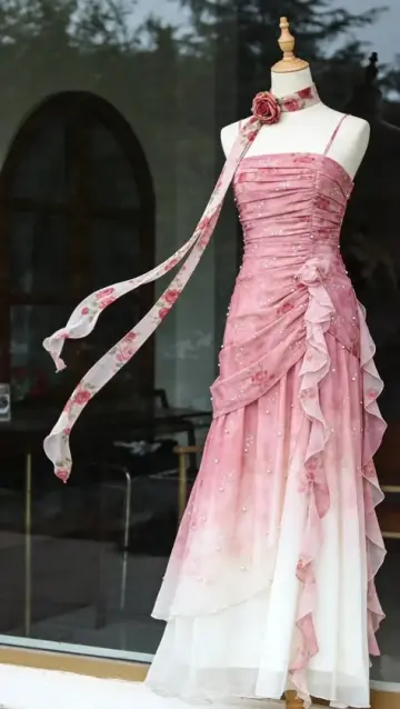 Elegant Barbir Pink Ruffled Prom Dress Beaded Sheath Spaghetti Straps Corset Maxi Evening Dress RS662