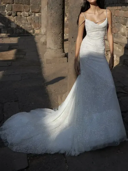 Silver halter-neck, fitted waist, backless, sexy long ball gown, bridal dress R8642