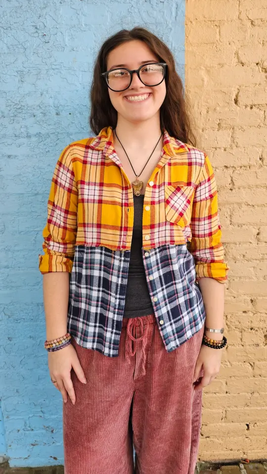 Sun + Sky Split Flannel (Small) – One-of-a-Kind Upcycled Patchwork #1407