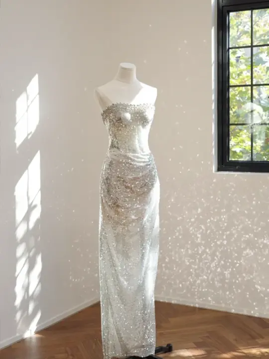 Silver strapless fitted long ball gown, bridal dress R8521