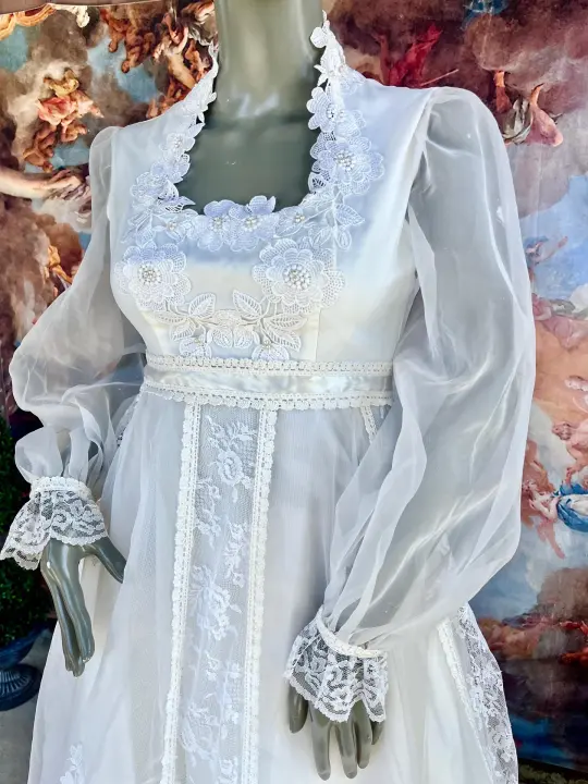 1970s Empire-waist Cottagecore Wedding Dress with Peasant Sleeves