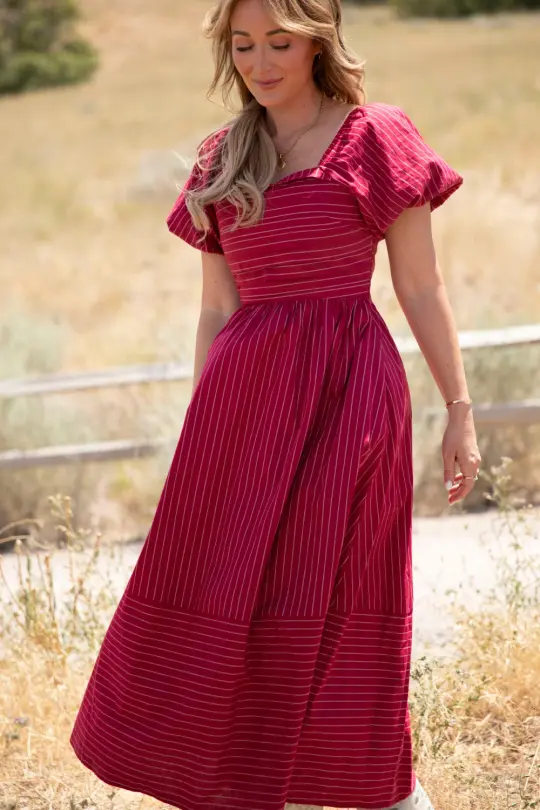 Julie Dress in Cranberry Pinstripe