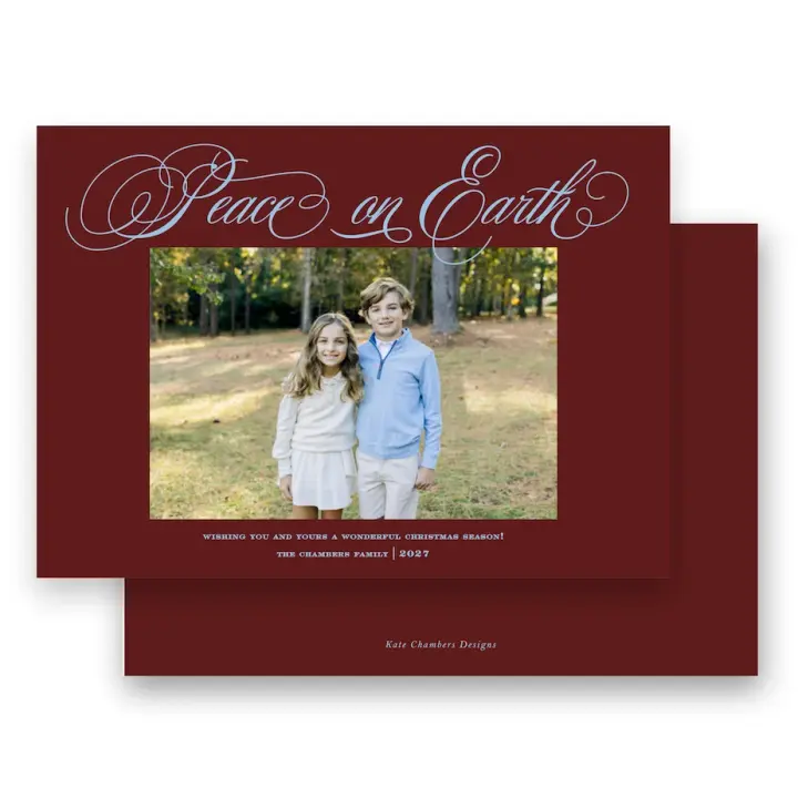 Maroon and Blue "Peace on Earth" Landscape Holiday Card