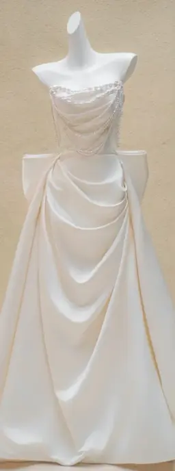 White Strapless Pearl Waist Slim Pleated A-Line Maxi Bridal Dress R5712