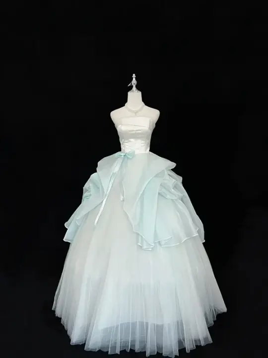 White strapless fitted waist, light green tulle skirt, long ball gown R9055