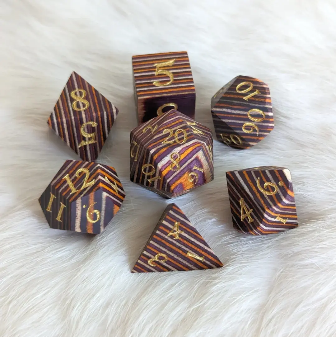 Brown and Orange Stripe Wood Dice Set – 7-Piece Layered Wooden DnD Dice | Fennek & Finch