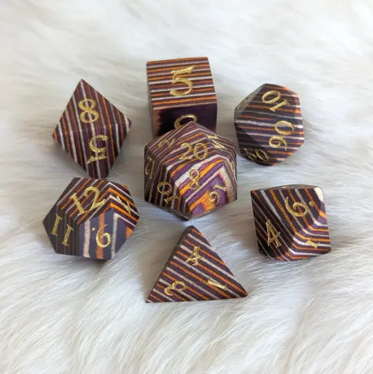 Brown and Orange Stripe Wood Dice Set – 7-Piece Layered Wooden DnD Dice | Fennek & Finch