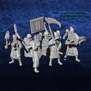 Unpainted 28mm 3D-printed flagellant fanatics with whips and shrine standard, 8 miniatures — tabletop miniatures for historical wargaming, D&D & Pathfinder
